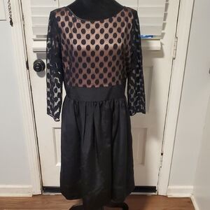 Eliza J Black Polka Dot Mesh Bodice and Sleeves Midi Dress